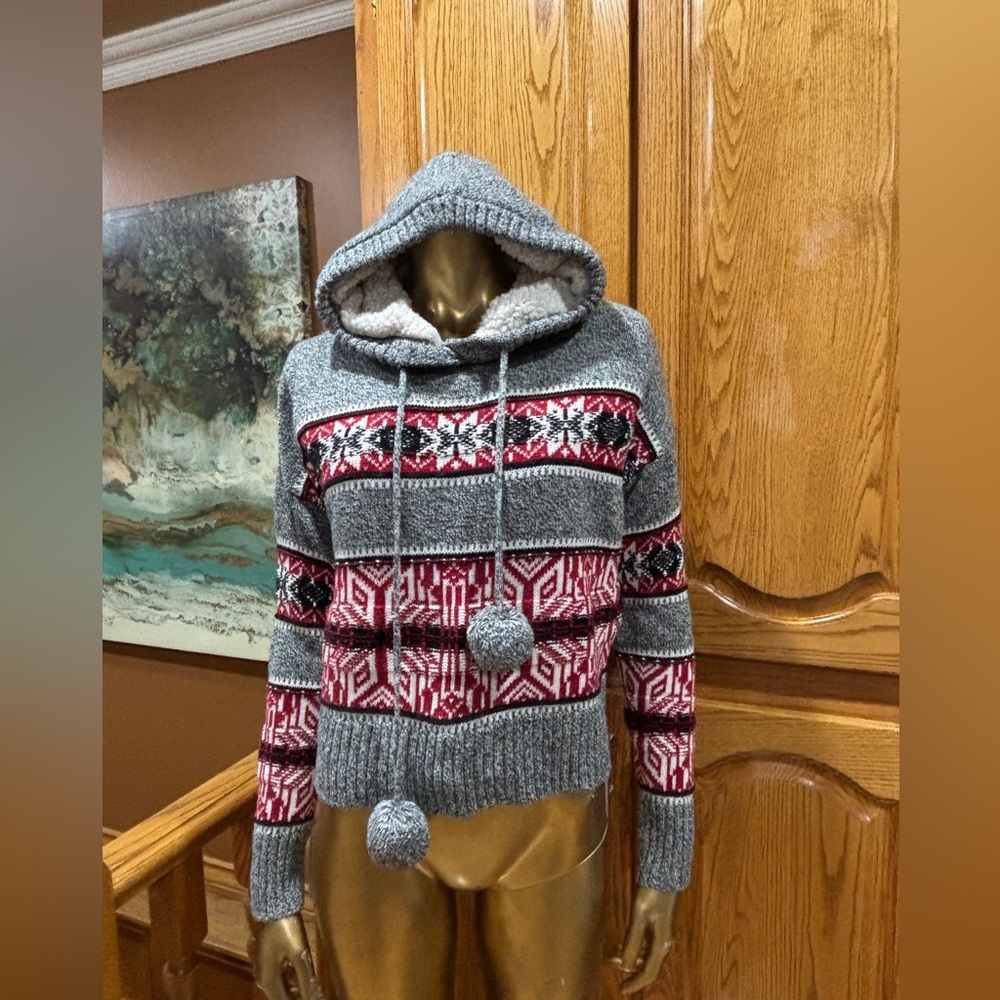 Youth Cozy Grey and Red Fair Isle Hooded Sweater with Pom-Pom Drawstrings - Picture 5 of 7